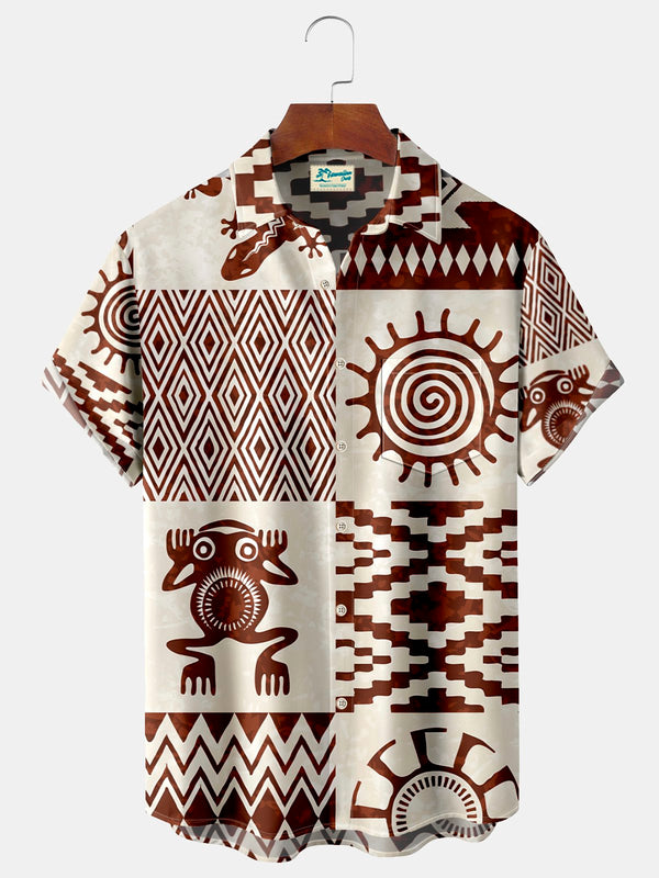 Native American Pieces Of Indian Ethnic Seamless Print Beach Men's Hawaiian Oversized Shirt with Pockets