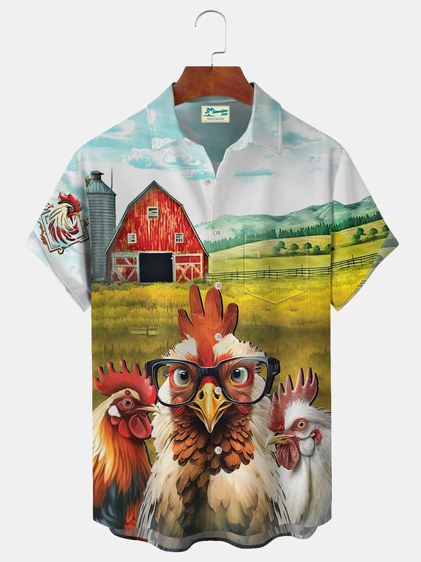 Animal Rooster Print Men's Button Pocket Shirt
