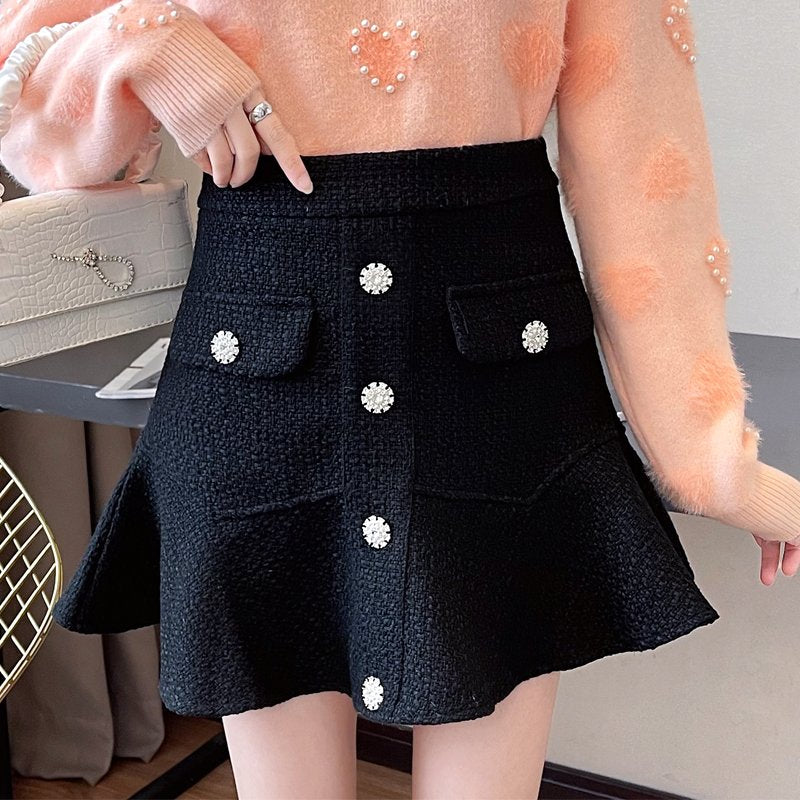 Black Buttoned A-Line Sweet Skirts