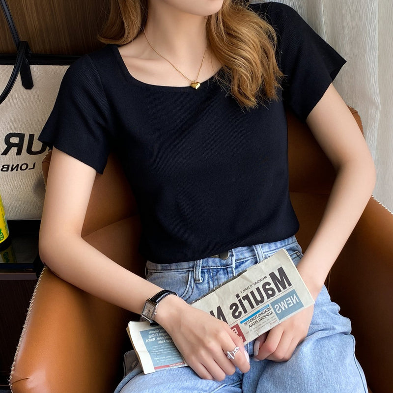 Women Short Sleeve Solid Knitted Basic Shirts & Tops