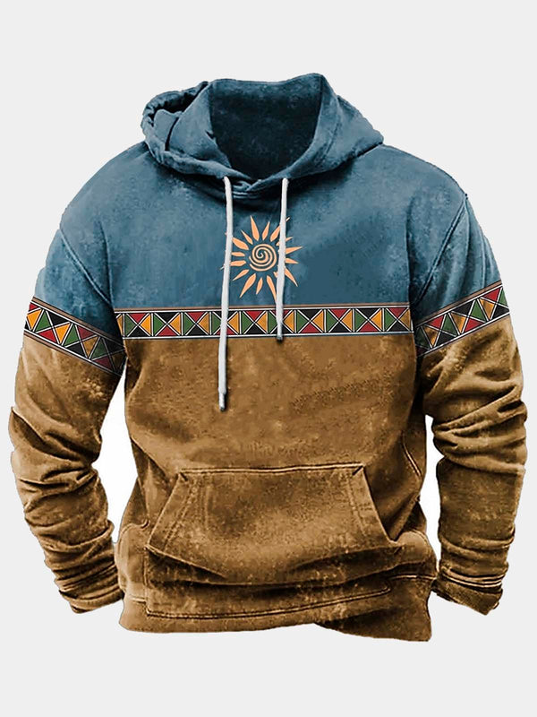 Vintage Aztec Ethnic Geometric Western Drawstring Hoodies Outdoor Men's Oversized Stretch Pullover Sweatshirts