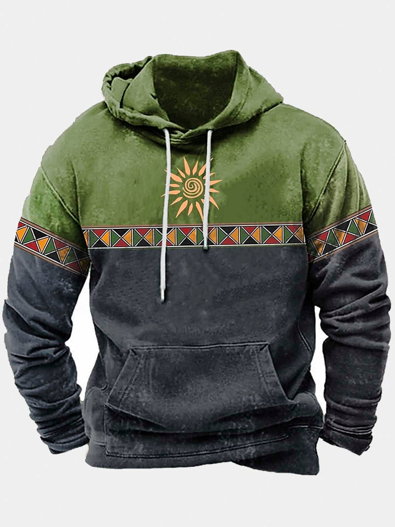 Vintage Aztec Ethnic Geometric Western Drawstring Hoodies Outdoor Men's Oversized Stretch Pullover Sweatshirts