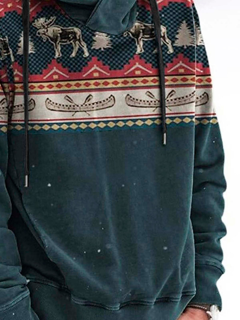 Vintage Aztec Ethnic Geometric Drawstring Hoodies Outdoor Men's Oversized Stretch Pullover Sweatshirts