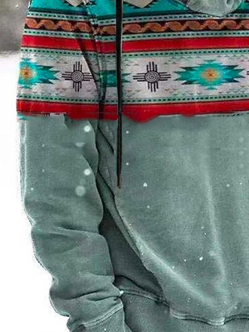 Vintage Aztec Ethnic Geometric Drawstring Hoodies Outdoor Men's Oversized Stretch Pullover Sweatshirts
