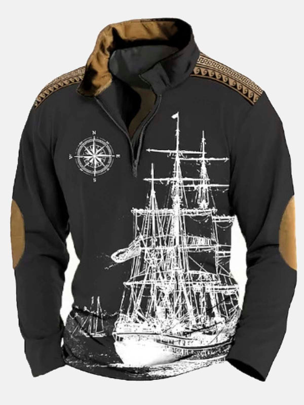50’s Vintage Nautical Khaki Men's Stand Collar Half-Zip Sweatshirts Compass Map Stretch Warm Pullover Sweatshirts