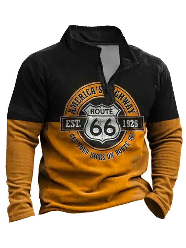 Retro Route 66 Khaki Half-zip Stand Collar Sweatshirts Warm Comfortable Pullover Sports Sweatshirts