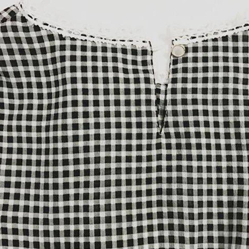 Black White Checkered/plaid Casual Bow Flounce Shirts & Tops