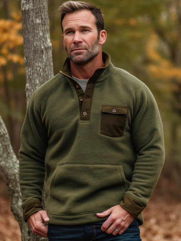Men's Contrast Print Basic Stand Collar Button Sweatshirt