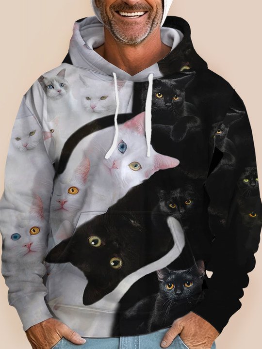 Men's Cat Print Drawstring Hooded Sweatshirt