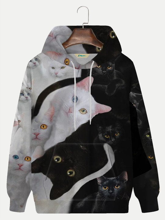 Men's Cat Print Drawstring Hooded Sweatshirt