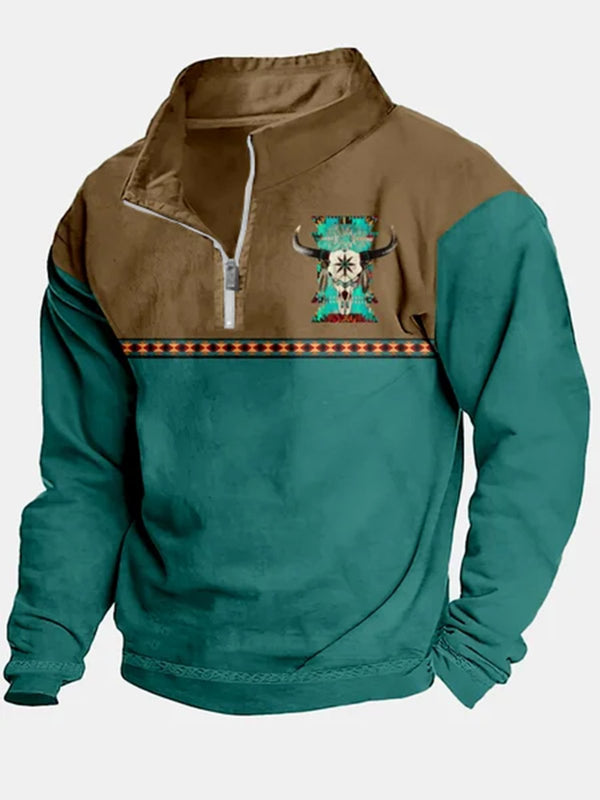Men's Vintage Geometric Bull Print Zipper Stand Collar Sweatshirt