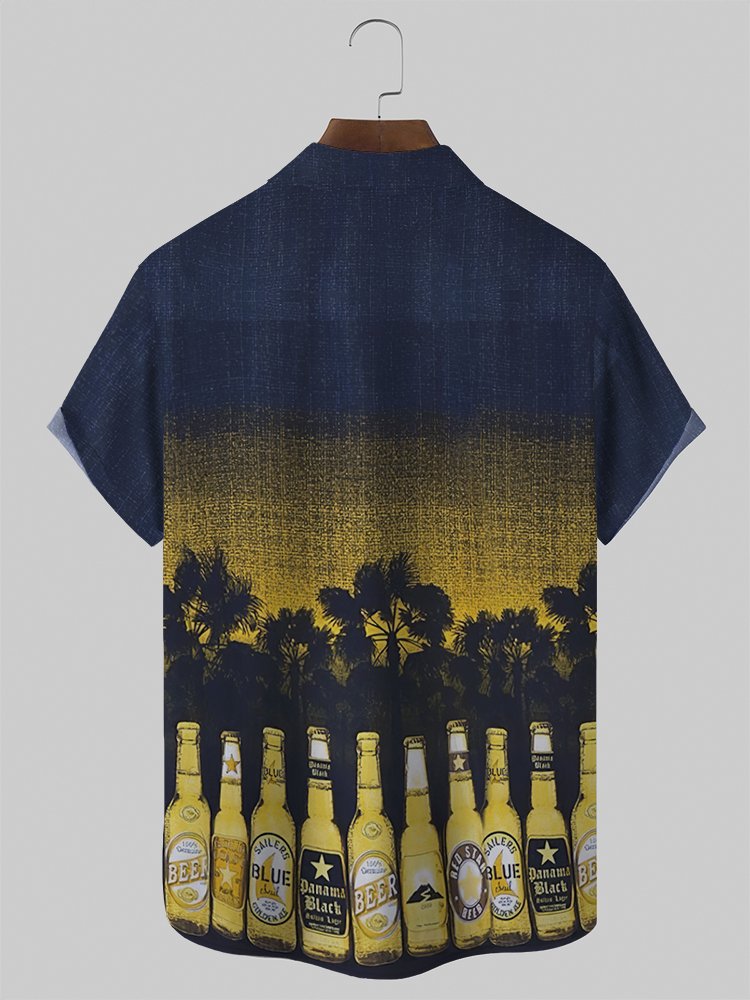 Plum Bamboo Botanical Print Beach Men's Hawaiian Oversized Shirt with Pockets